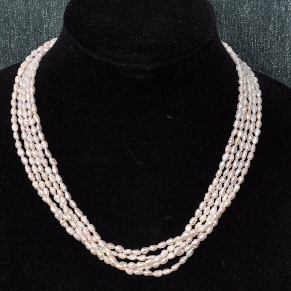 Vintage Multi-strand (5 Rows) Natural Freshwater Rice Pearl hand Beaded Necklace - Picture 2 of 12